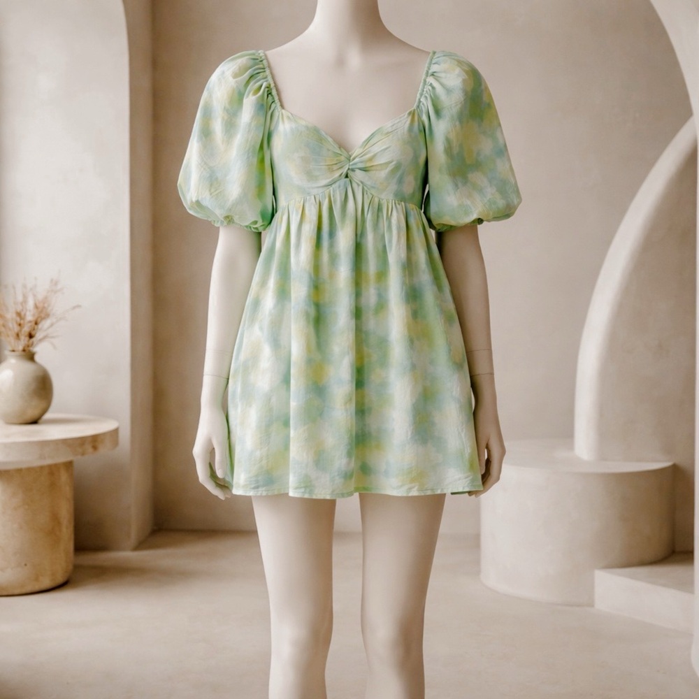 Puff Sleeve Mini Dress in Pastel Green Tie-Dye